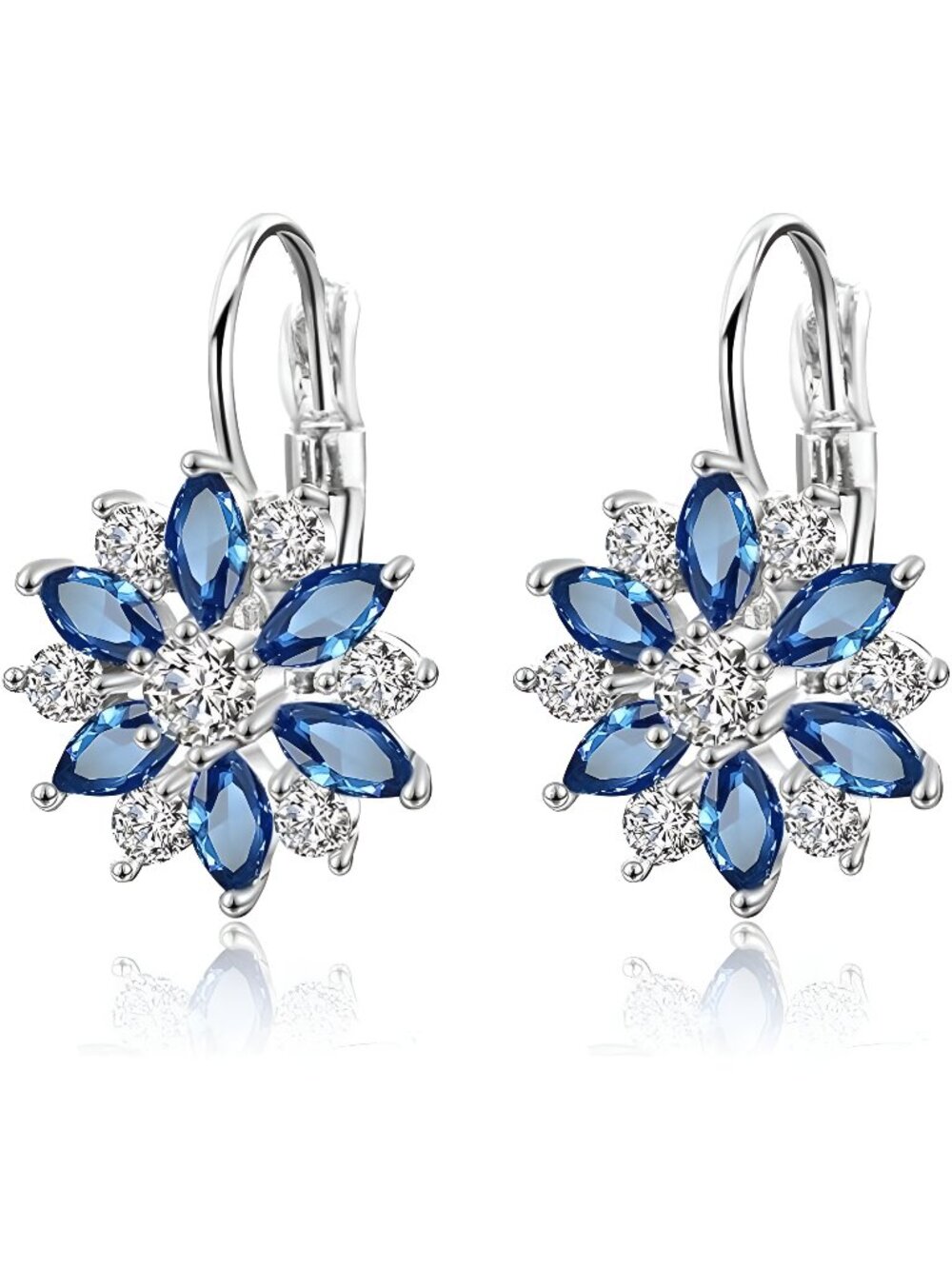 S925 Sterling Silver Sparkly Blue Cubic Zirconia Snowflake Flower Leverback